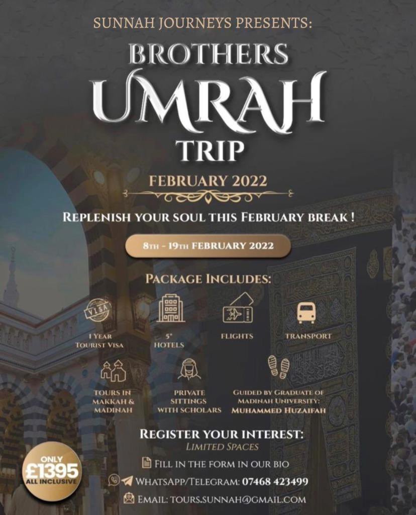 Sunnahjourneys's tweet photo. بسم الله الرحمان الرحيم 

Sunnah journeys is happy to present it’s first ever Umrah trip!

The tour will be guided by our honourable Ustadh and graduate of Medina University, Muhammed Huzaifah.

Only a few places remain! Fill the from in our bio to sign up or for further details. https://t.co/jllvU41OYJ