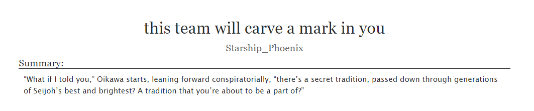 Finally posting this Kunimi fic I wrote ages ago for <a href="/mnszine/">Passing the Torch Zine (COMPLETE)</a>'s contest! The zine is super cute and wholesome and I'm so happy that they selected me as a winner 🥺 This fic was really fun and easy to write and Kunimi is one of my underrated faves 🥺

archiveofourown.org/works/36154903