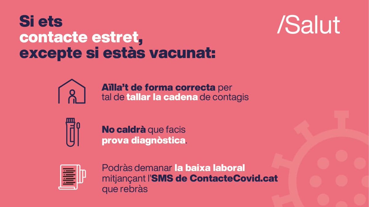 salutcat's tweet photo. ⚠️ Si ets un cas positiu de COVID-19:

📲 Reporta els teus contactes a través de l'SMS que rebràs de https://t.co/31VHNcvmyc 

🏠 Fes l'aïllament de 7 dies per tallar la cadena de transmissió.  

Pots tramitar la baixa laboral a través de l'SMS de https://t.co/31VHNcvmyc https://t.co/QtGwg9O83R