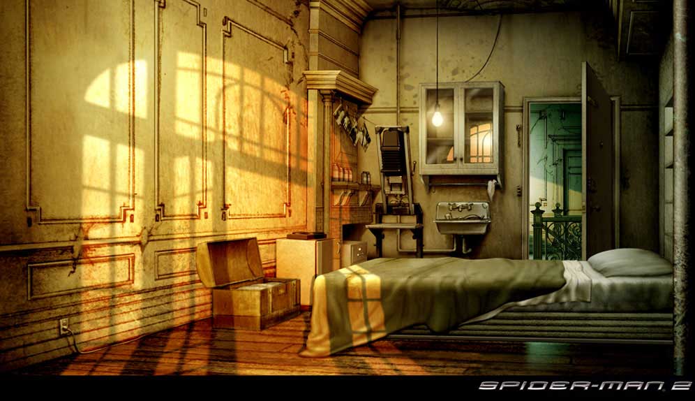 Concept art of Peter's flat in Spider-Man 2 (2004) #conceptart #SpiderMan #SpiderMan2 #PeterParker #NewYorkCity