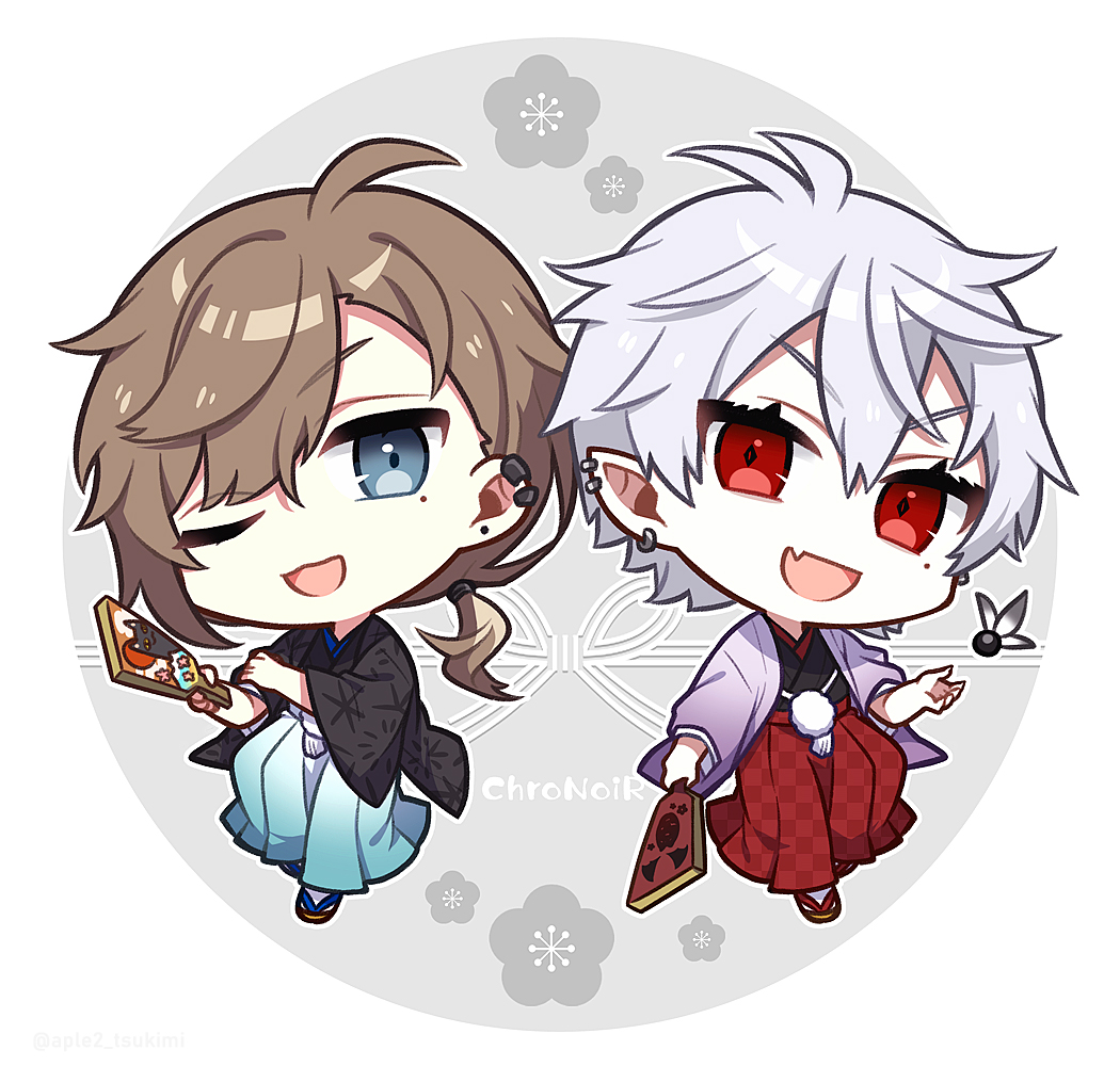 kuzuha (nijisanji) mole under eye multiple boys 2boys mole japanese clothes chibi male focus  illustration images