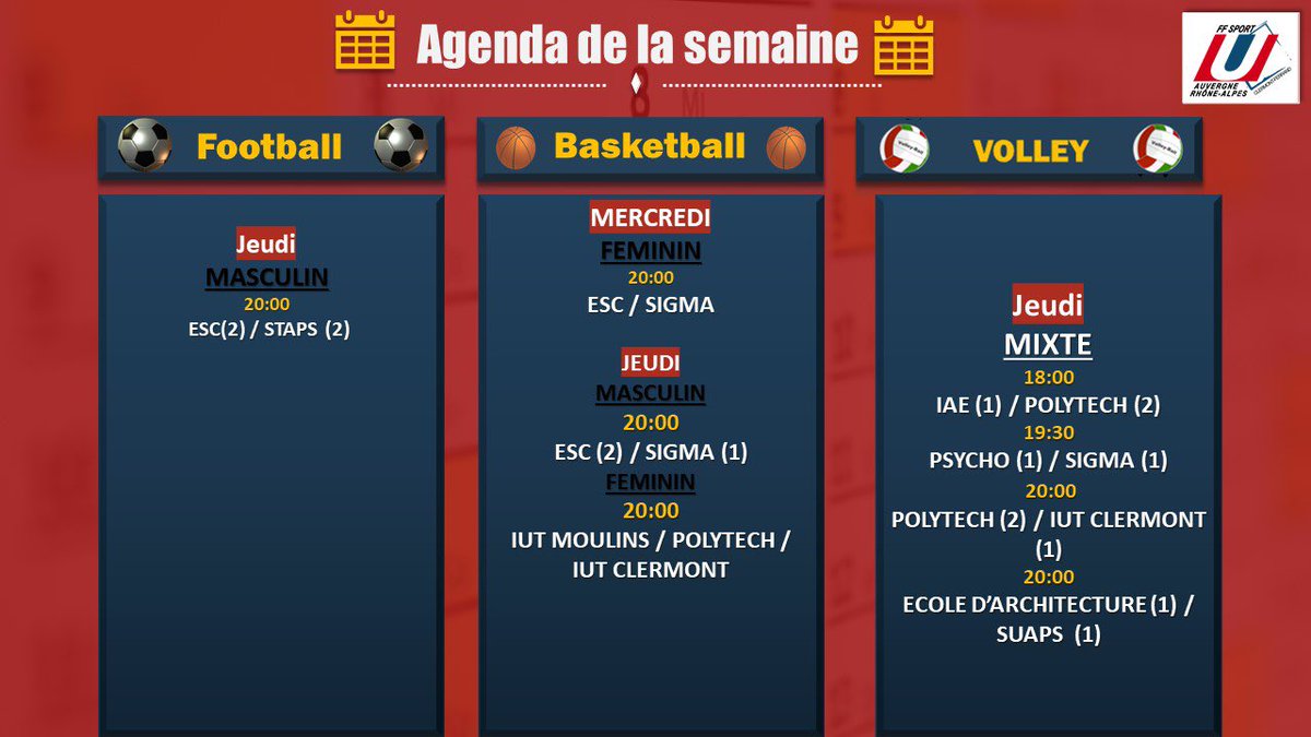 ⏰ AGENDA DE LA SEMAINE ⏰

Retrouvez les lieux des rendez-vous sur le site : sportco.abyss-clients.com/rencontres

Bonne semaine de compétition 🥇