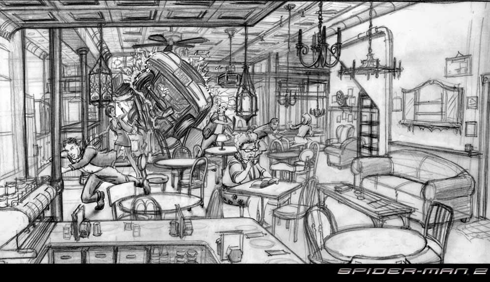 Storyboard from Spider-Man 2 (2004) #SpiderMan2 #SamRaimi #TobeyMaguire #KirstenDunst #DocOck #AlfredMolina