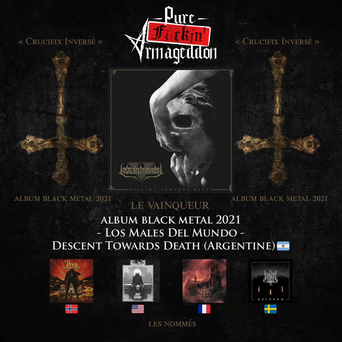 LMDM_Official's tweet photo. We're very happy for this award🏆1st Place "𝘊𝘳𝘶𝘤𝘪𝘧𝘪𝘹 𝘐𝘯𝘷𝘦𝘳𝘴é" 🇫🇷 for the "BLACK METAL ALBUM OF 2021"
Merci Beaucoup à toute l'équipe de PFA 🇫🇷
https://t.co/EP0c3PhBRl @RadioMetal
https://t.co/Ff3XT0NGyT
https://t.co/32kRJ4zLlc
#RMPFA #losmalesdelmundo https://t.co/Cxc9n0bN7x