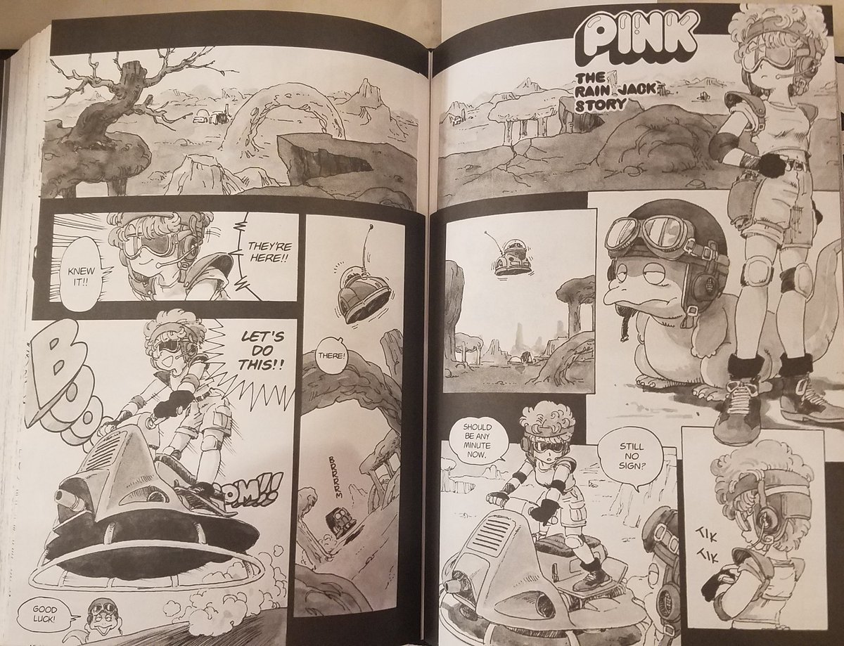 Working what should be one of my last doubles, reading more Manga Theater. This two page spread really just encapsulates what I always loved about Toriyama's style. The outfit designs, vehicles, monsters, etc. 