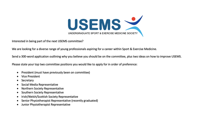 UndergradSEMS's tweet photo. HAPPY NEW YEAR!ππ We are recruiting for our 2022 committee!π€
Are you a student or recent graduate aspiring for a career in Sport & Exercise Medicine?
Want to help develop the future of SEM?
Open to medics, physio & AHPs
Deadline 7pm 30th Jan π
#SEM @basem_uk @FSEM_UK https://t.co/PG2OSaAEGg