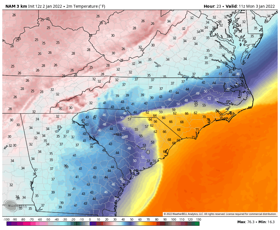 Had to happen sooner or later with these massive temperature anomalies.  Here comes a January whopper. Daybreak Monday note Wilmington at 71° while southern Alabama is around 34°. Buckle up! #cltwx #ncwx #scwx