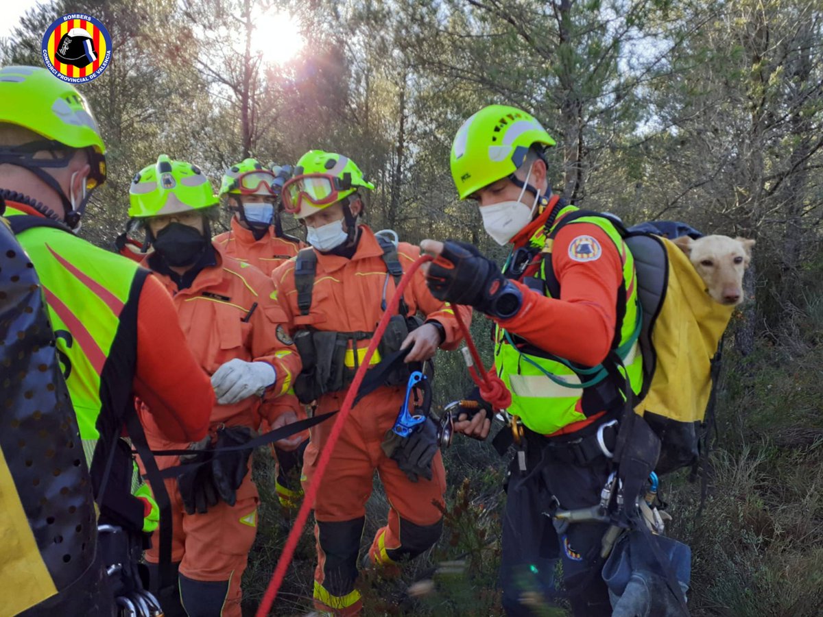 BombersValencia's tweet photo. Grup Rescat GERA del Consorci, bombers voluntaris Navarrés i sergent Alzira s’hi han mobilitzat este cap de setmana a rescat d’un ciclista lesionat a una pista forestal de Navarrés i a rescat d’un gos que es trobava a un repeu a 30 m a la presa Escalona https://t.co/BL4miwt6n7