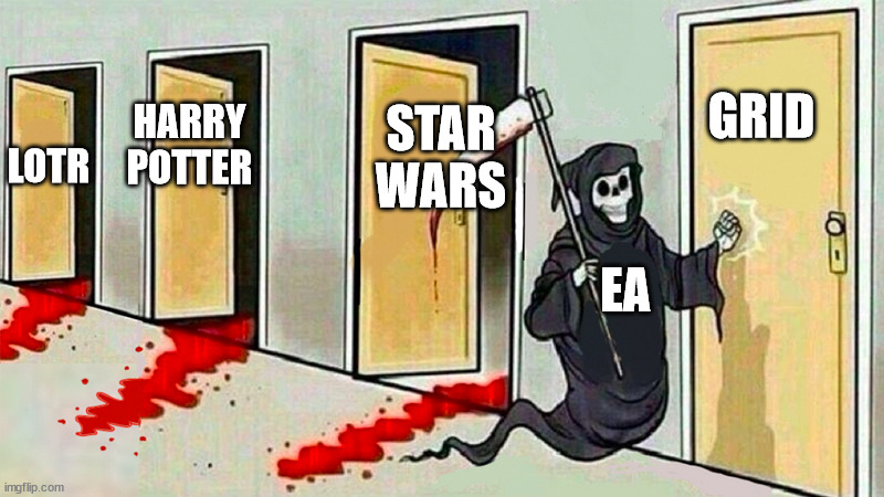 Synthwavefan's tweet photo. EA killed an unannouced #HarryPotter MMO game. They had the greatest movie franchises, like #LordOfTheRings and #StarWars but they couldn't hold them. You can see how they treat #StarWarsBattlefrontII these days.
 #Grid #games #SaveBattlefrontII #memes https://t.co/qvV4ZWWU1U