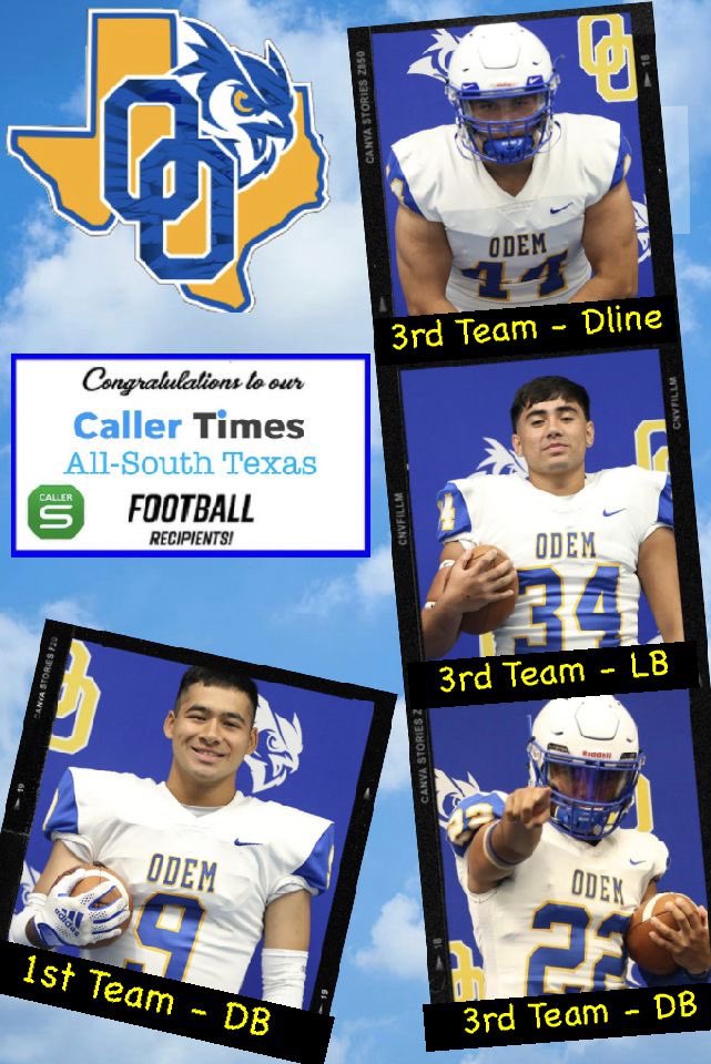 Caller-Times All-South Texas Football Team

Defense:

1st Team DB - #9 Marcus Martinez
3rd Team DL - #44 Elijah Pizana
3rd Team LB - #34 Noah Ramirez
3rd Team DB - #22 Diego Rodriguez