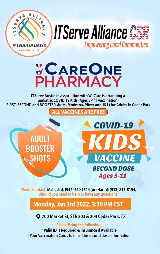 #VaccinationDrive 

Date : 3rd January 2022 
Time : 3.30PM CST to 7.00PM CST
Location - 700 Market St, Suite - 203 &amp; 204, Cedar Park
goo.gl/maps/UnpdDiCaY……

#getvaccinatedtobeprotected
#ITServeAlliance
#ITServeAustin #TeamAustin #ITServeAllianceCSR #Careone #CovidVaccination