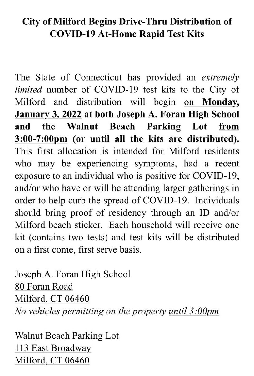 City of Milford Begins Drive-Thru Distribution of COVID-19 At-Home Rapid Test Kits