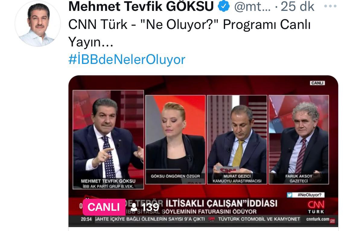 CNN Türk yine tek taraflı bir yayınla, yalan iddiaları yayınlıyor. Üstelik, yanıt verme hakkımızı da engelliyor. Tevfik Göksu’nun asılsız ve uydurma iddialarına yanıt vermek çok kolay. Yeter ki, cevap hakkımıza saygı duyun. Neden korkuyorsunuz? <a href="/cnnturk/">CNN TÜRK</a>