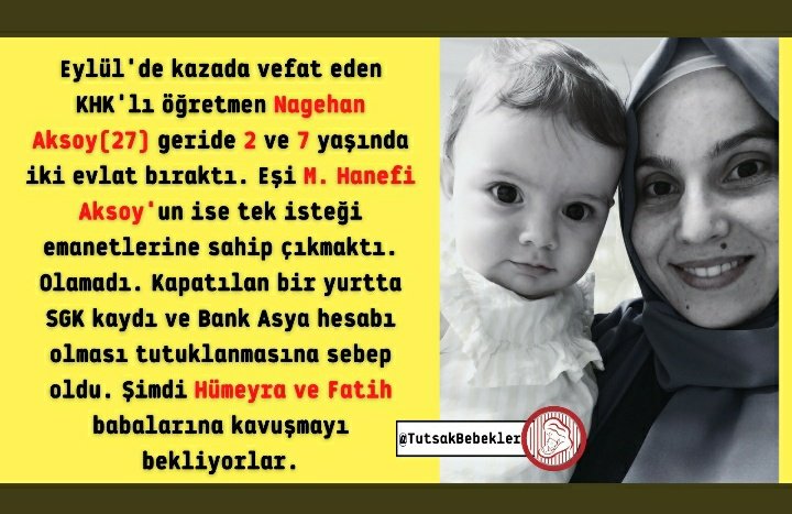 Nagihan Aksoy 27  yaşında hayatını elim bir kazada kaybetti.
Kocası tutuklu 
2 minik evladı babsina muhtaç.
Anlamsız kininizden vazgeçin.
İkiÇocuk BabasızDaKalmasın