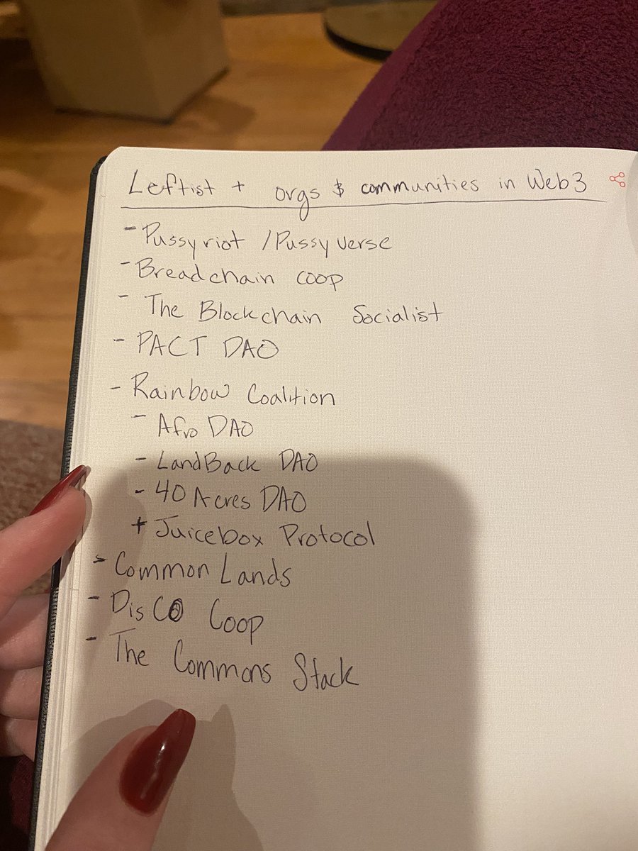 RebeccaLamis's tweet photo. Gm☺️ Working on a leftist+ library/manifesto/welcome to web3 guide. Trying to site as many orgs and communities &amp; the work they do. There must be more of us!! Who am I missing? Also if you want to help contribute, feel free to slide into my dms- teamwork makes the dream work 😤💪 https://t.co/93uhub5Toc