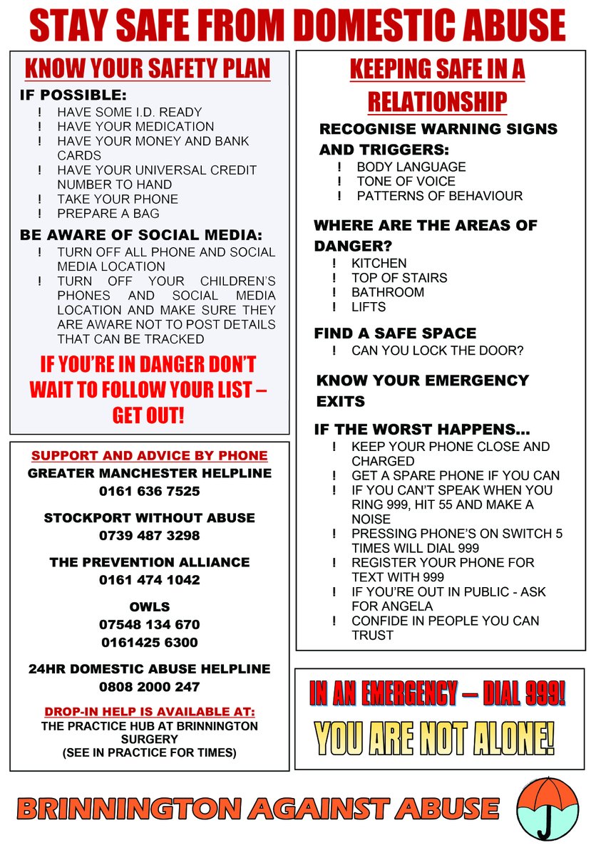We will never accept abuse and we believe that you shouldn't have to either! We keep sharing this escape plan because we know that one day, someone will need it.
<a href="/UmbrellaOrange/">The Orange Umbrella Project🧡</a> <a href="/OWLSgroup/">Owls Group 💜</a> <a href="/StockportTPA/">Stockport TPA</a> <a href="/SMBC_Community/">Communities Team</a> <a href="/womenscentreSPT/">SWC</a> @StockportSWA