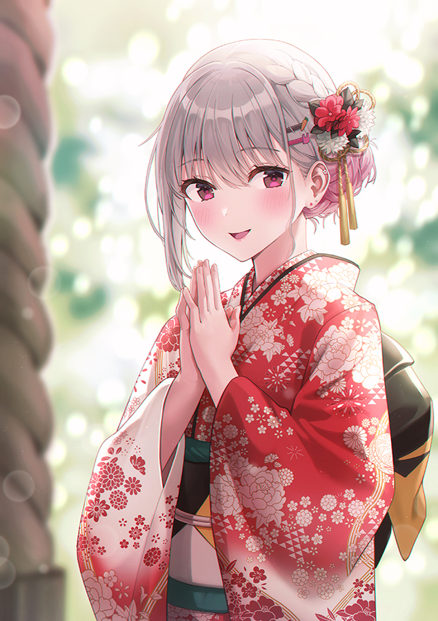 1girl japanese clothes hair ornament solo kimono blurry flower  illustration images