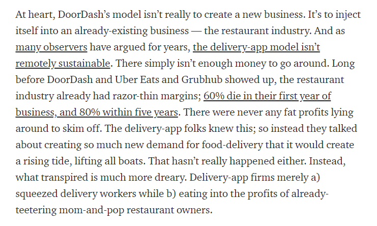 DoorDash is doing some dogfooding -- requiring its employees to do at least one delivery a month, to see what it's like on the receiving end of their software.

The problem, though, isn't just DoorDash's ruthless optimization. It's the business model: marker.medium.com/the-value-and-…