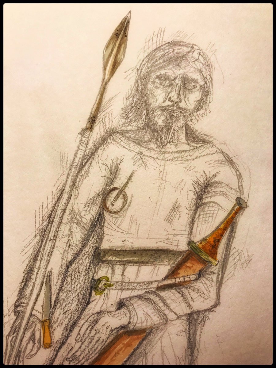 Attempt at a male burial (6th Century) in the style of Victor Ambrus. The remains were found at Barrow Clump on #salisburyplain in 2018. Shield boss oddly absent. The details will be published in the Wiltshire Archaeological and Natural History Society Magazine. #archaeology