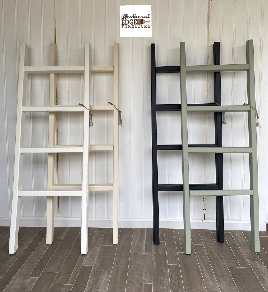 KalaMerrell's tweet image. These ladders were a big hit at Christmas!  Painted in #generalfinishes Antique White, Linen, Lamp Black, and Basil.                                             Weathered Edge Furniture