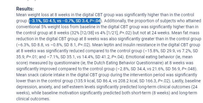 MichaelAlbertMD's tweet photo. 7/ Digital CBT RCT: mean weight loss –3.1% at 8 weeks. #numbersdontaddup https://t.co/r3CKOumLK1 https://t.co/23do0h56mc