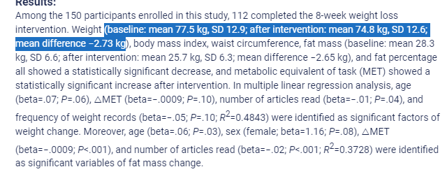 MichaelAlbertMD's tweet photo. 6/ Or a cross-sectional study (mean weight loss = −2.65 kg at 8 weeks). #numbersdontaddup https://t.co/DWcGYskbfI https://t.co/jnY8mg6Joy