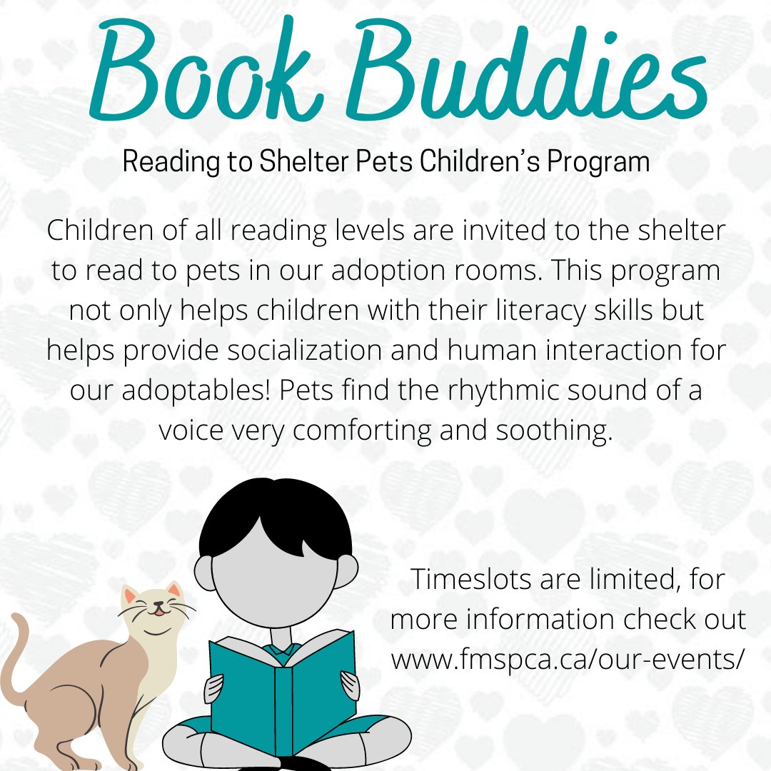 We are pleased to bring back Book Buddies! You can reserve your spot by visiting this link ow.ly/XYoh50FcU0a

#bookbuddies #shelterprogramming #readtopets #literacy #fortmcmurray