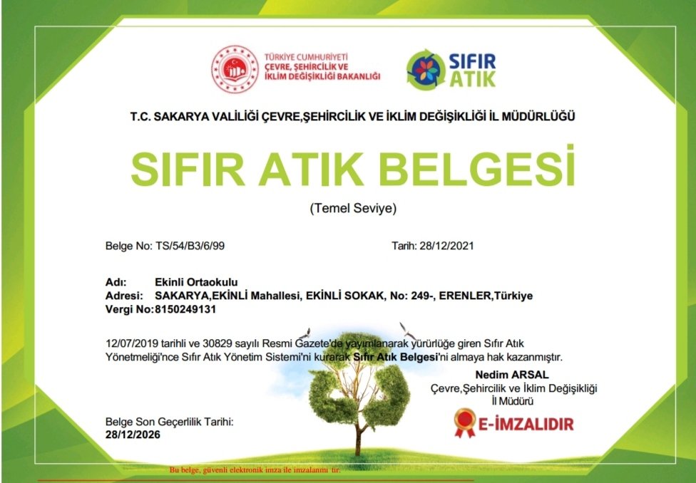 "Sıfır Atık Projesi" Belgelendi.