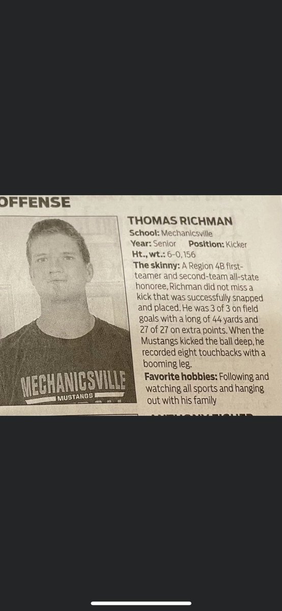 ThomasRichman9's tweet photo. Honored and excited to be chosen for 1st Team All-Metro Kicker. Thanks to all of my coaches, teammates, and family for all of your support. @mvillehighfb @ZachJoachim @M_villeHS @VilleAthletics @hanoversports https://t.co/jtCzs04JhH