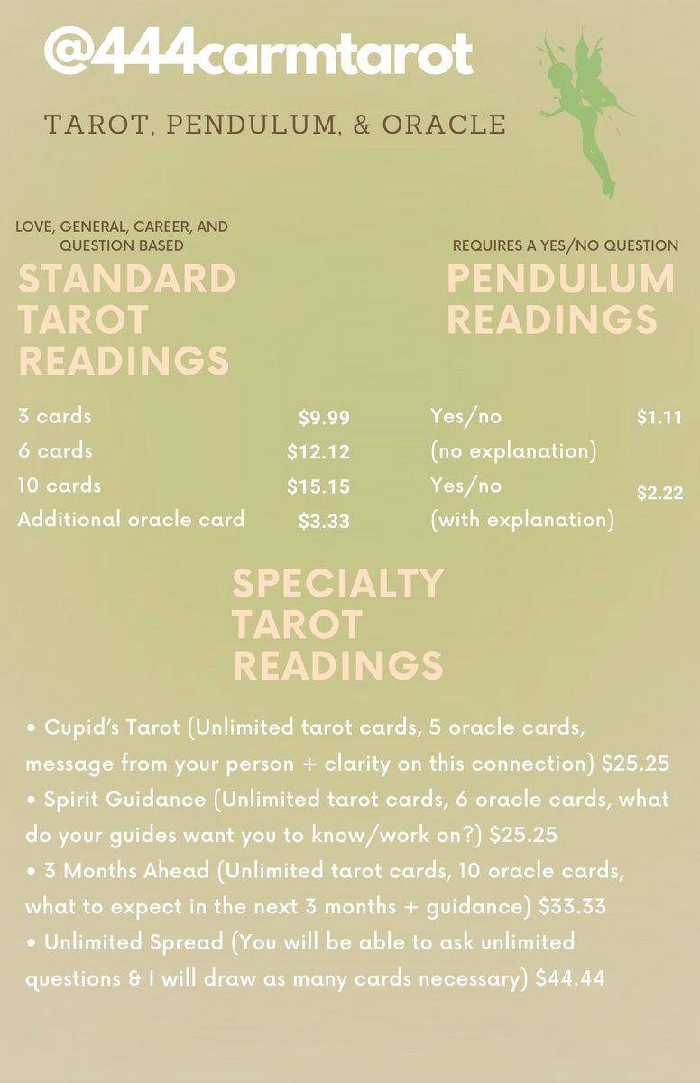 444carmtarot's tweet photo. hi angel! i’m carmen &amp; i specialize in tarot, pendulum, &amp; oracle readings! please click the link in my bio to book a reading with me! i can’t wait to provide you with any guidance you may need; book today! 

❥ reviews &amp; important info below! ↓ https://t.co/UfEUkOgvS0
