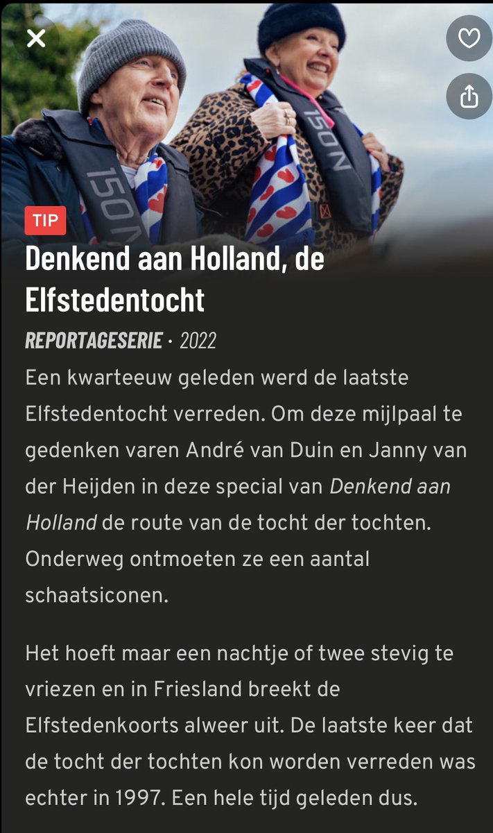 SlotenFriesland's tweet image. Straks om 21.42 uur NPO1 … André en Janny met Denkend aan Holland … De Elfstedentocht