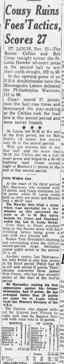 Bob Cousy steals the ball 9 times against the Hawks 

(Nov 28, 1956) https://t.co/F2iariKok6