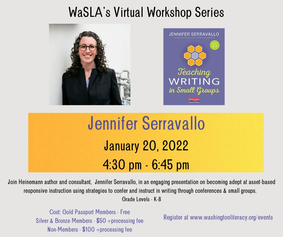 WaStateLiteracy's tweet photo. WA State Educators! Kick off 2022 with WaSLA and @JSerravallo ! Don't miss this highly engaging workshop that will ramp up your writing instruction!  Share with your K-8 colleagues! #writing #literacy https://t.co/sGLMATAUet