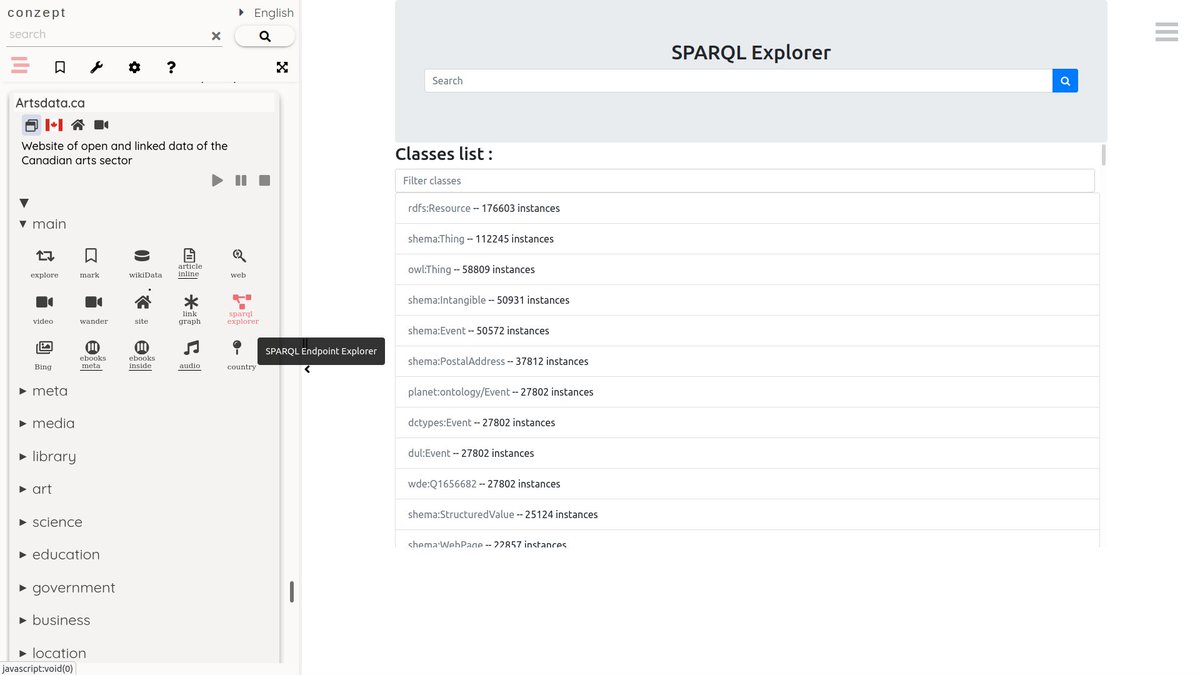 conzept__'s tweet photo. Added support for browsing the SPARQL endpoint URLs coming from @wikidata, using the SparqlExplorer tool made by @logilab. Nice work!

Tofix: Some endpoints will fail to load due to CORS issues.

Browse all items with such an endpoint:
https://t.co/iOkoHWx92F https://t.co/WYlTT2Jg0f