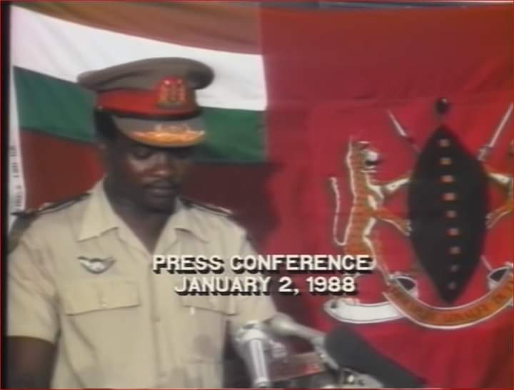 General <a href="/BantuHolomisa/">Bantu Holomisa</a>, Transkei Military Ruler, addressing a press conference at Umtata after the successful bloodless coup d'état against the Prime Minister of Transkei;  Princess Stella Margaret Nomzamo Sigcau on 02nd January 1988..
