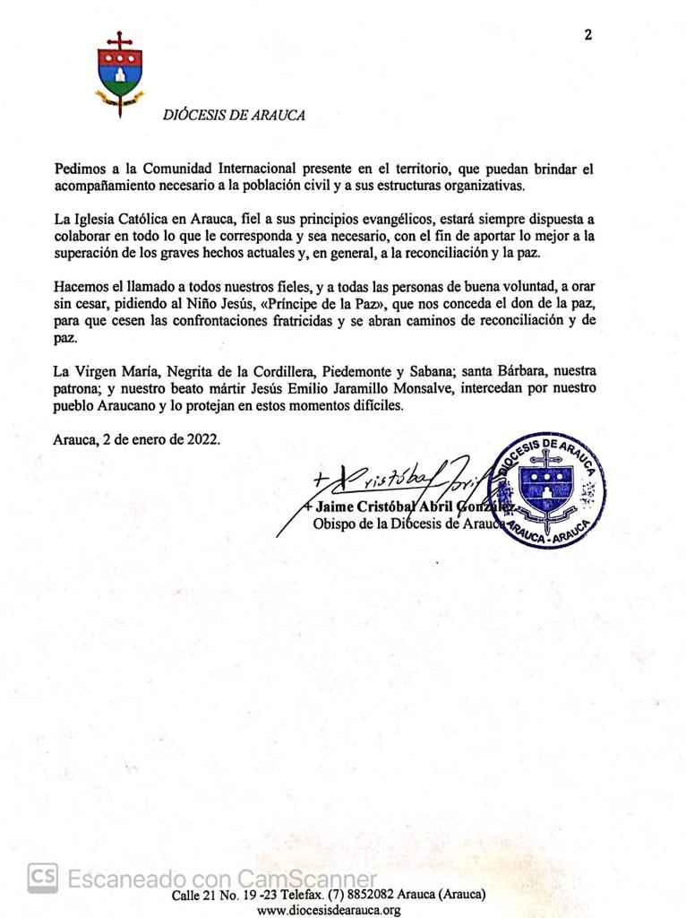 “Pronunciamiento de Monseñor Jaime Cristobal Abril González, obispo de la Diócesis de Arauca, frente a la situación de orden público que se viene presentando en el departamento”