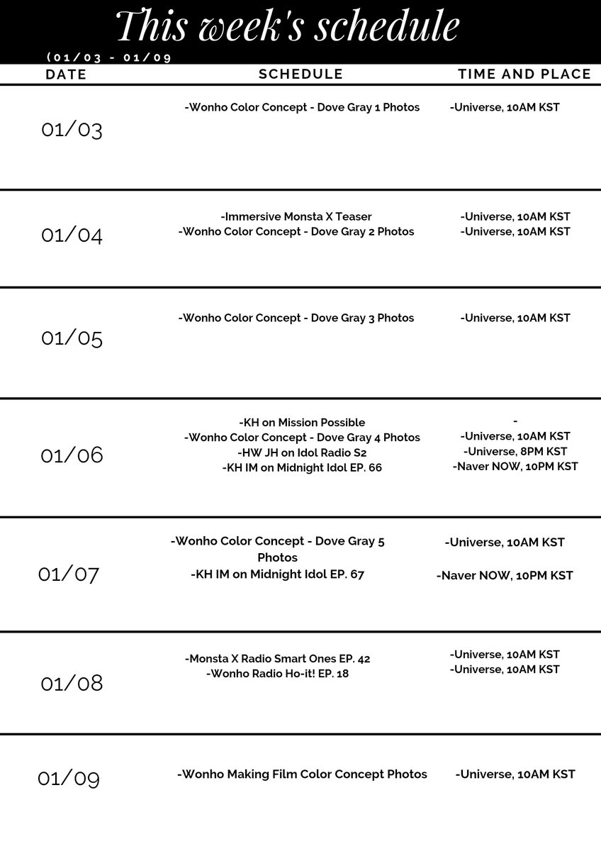 ming_whale's tweet photo. This week's schedules (01/03 - 01/09) 💖

@OfficialMonstaX 
@official__wonho 
#몬스타엑스
#MONSTAX
#원호
#WONHO https://t.co/aAaHpsmDSn