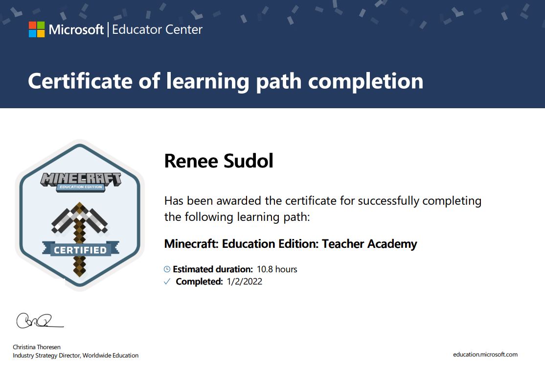 rsudol1's tweet image. Woohoo! Just earned my Minecraft Certified Teacher badge. 😃@PlayCraftLearn @MicrosoftEDU #Minecraft