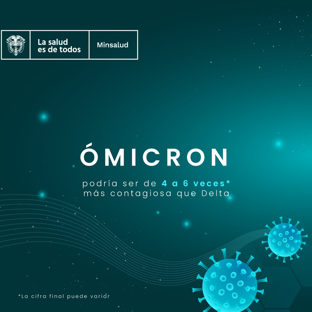 MinSaludCol's tweet photo. Ómicron, la nueva variante de COVID-19 ya está en Colombia, es mucho más contagiosa que cualquier otra variante conocida hasta el momento y, para evitar la enfermedad grave y la muerte, las vacunas siguen siendo las más efectivas. #Vacunémonos https://t.co/m4fsW2IwYa