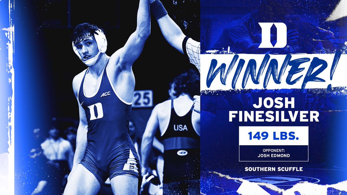 DukeWRES's tweet photo. THE CHAMP! 🏆🥇

Josh Finesilver takes home the Southern Scuffle Championship at 149 lbs with a 11-10 decision! 

@LetsScuffle | #GoDuke 🔵😈 https://t.co/zQndG9Fv2J