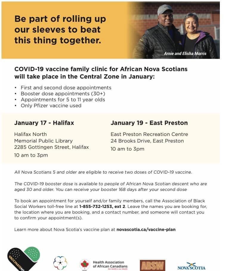 SH_BordenColley's tweet photo. Upcoming Covid-19 vaccine clinics for African Nova Scotians in the Northern Zone and Central Zone #NewGlasgow #Truro #Amherst #Halifax #EastPreston #NovaScotia https://t.co/rMSi0k18wX