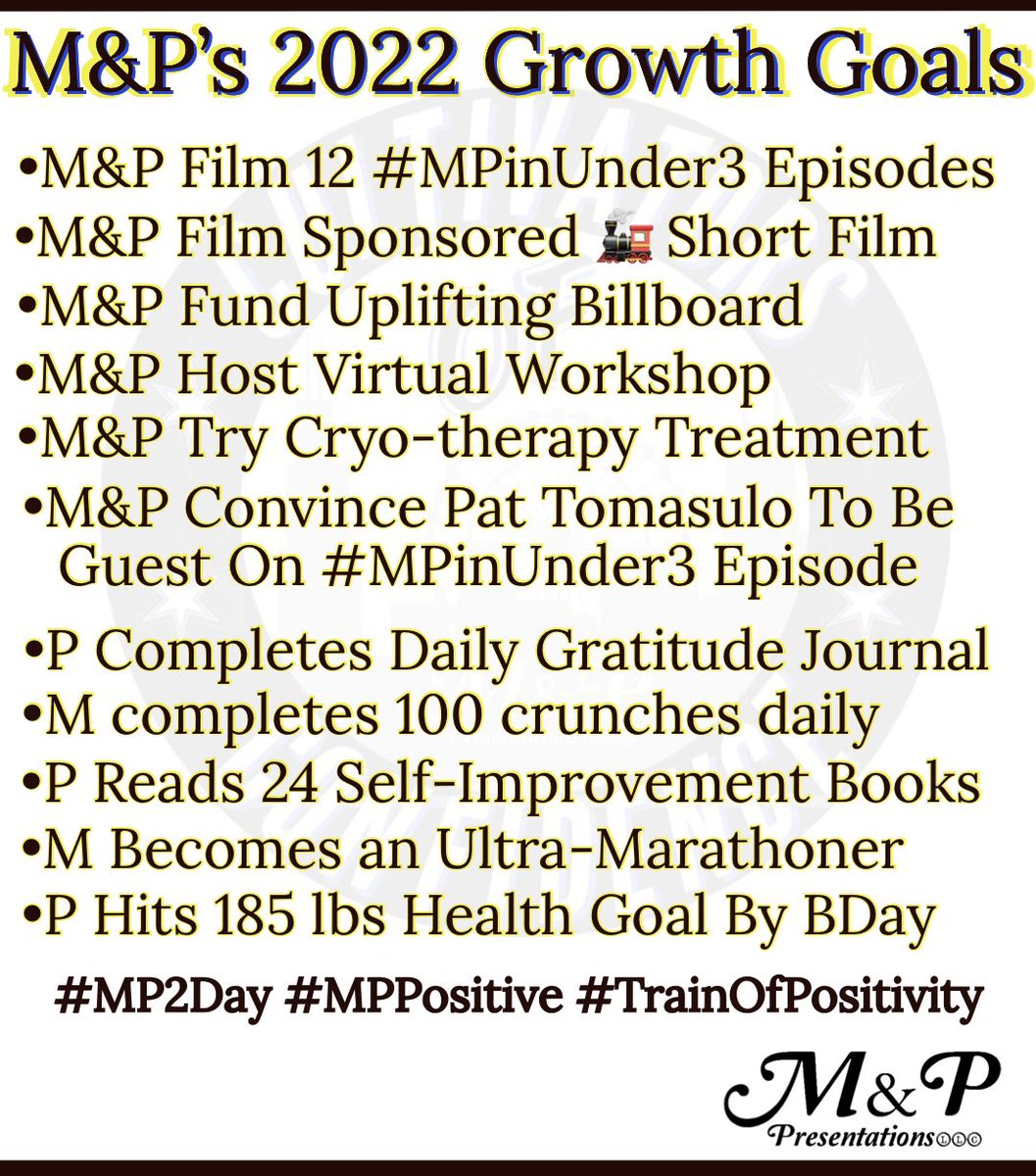 MPPresentations's tweet photo. Here are M&PтАЩs Official 2022 #NewYear Growth Goals! Excited to spread positivity, cultivate confidence, and have a ton of laughs along the way! #MP2Day #MPPositive #MPinUnder3 #PersonalDevelopment #PersonalGrowth https://t.co/9ugiagWPl1