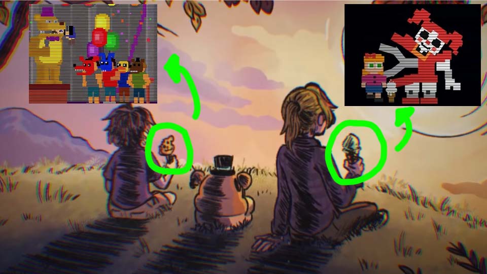 Ending scene of FNAF: Security Breach drawing parallels between FNAF 4 bite, Elizabeth Afton getting nabbed by Baby, and the ice cream cones that are being held.