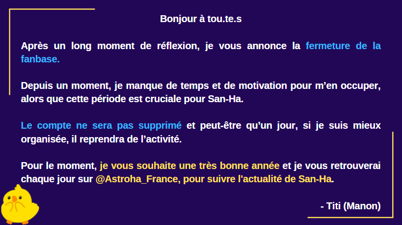 SanhaFR's tweet photo. 「 ANNONCE IMPORTANTE 」

Je vous invite à lire l'annonce en image.

Merci à tous pour votre soutien ! On se retrouve bientôt, pour de nouvelles aventures !

Bonne année 2022 et prenez soin de vous ! ♥

- Titi🐤 https://t.co/rKmtI2ZHym