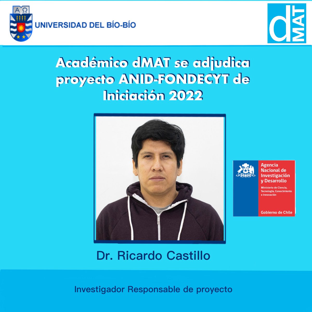DmatUbb's tweet photo. Felicitamos a nuestro académico Ricardo Castillo ha adjudicado un proyecto de investigación en el Concurso Nacional de Proyectos ANID-FONDECYT de Iniciación 2022.
Felicitaciones en nombre del DMAT-UBB y mucho éxito en el desarrollo de tu proyecto. @AnidInforma @ubbchile @vripubb https://t.co/lZ8o4Bfr7B