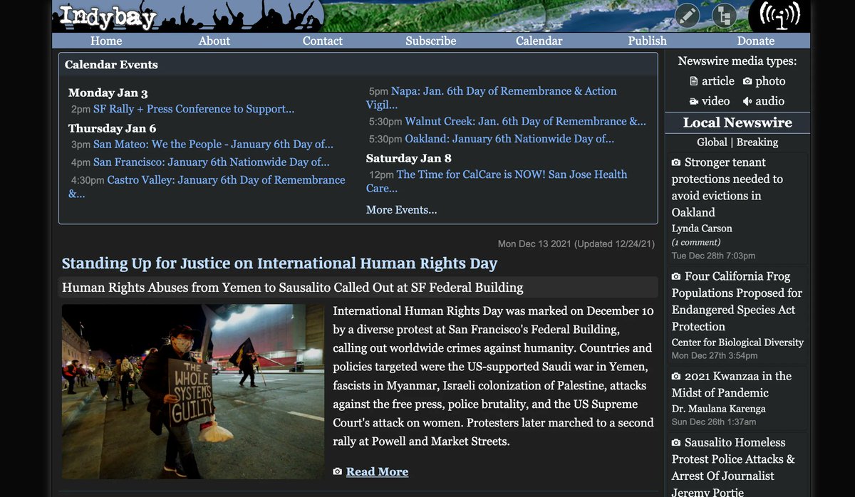 Indybay's tweet photo. https://t.co/mtbboGkAxN now supports dark mode, if you have your OS or browser set to a dark theme.
(You may need to clear your browser cache to see the update.) https://t.co/ZNo4XMHFDZ