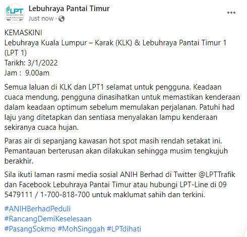 LPTTrafik's tweet photo. KEMASKINI
Lebuhraya Kuala Lumpur – Karak (KLK) &amp; Lebuhraya Pantai Timur 1 (LPT 1)
Tarikh: 3/1/2022
Jam :  9.00am https://t.co/vLhJbRg24b