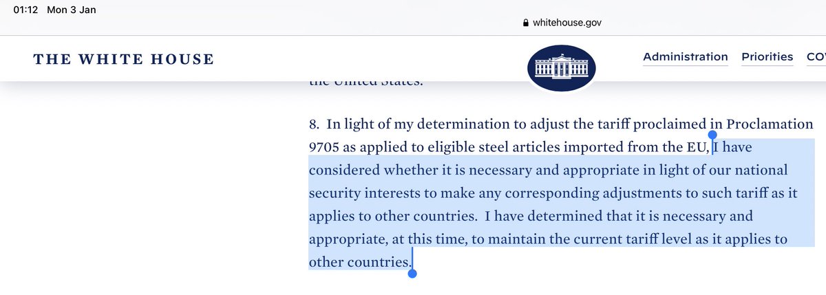 … language in the Biden proclamation says the US and EU have addressed the “threatened impairment of national security posed by steel imports from the EU”… then goes on to say he considered on natsec grounds whether to lift the tariffs on other countries, eg incl UK, but no.