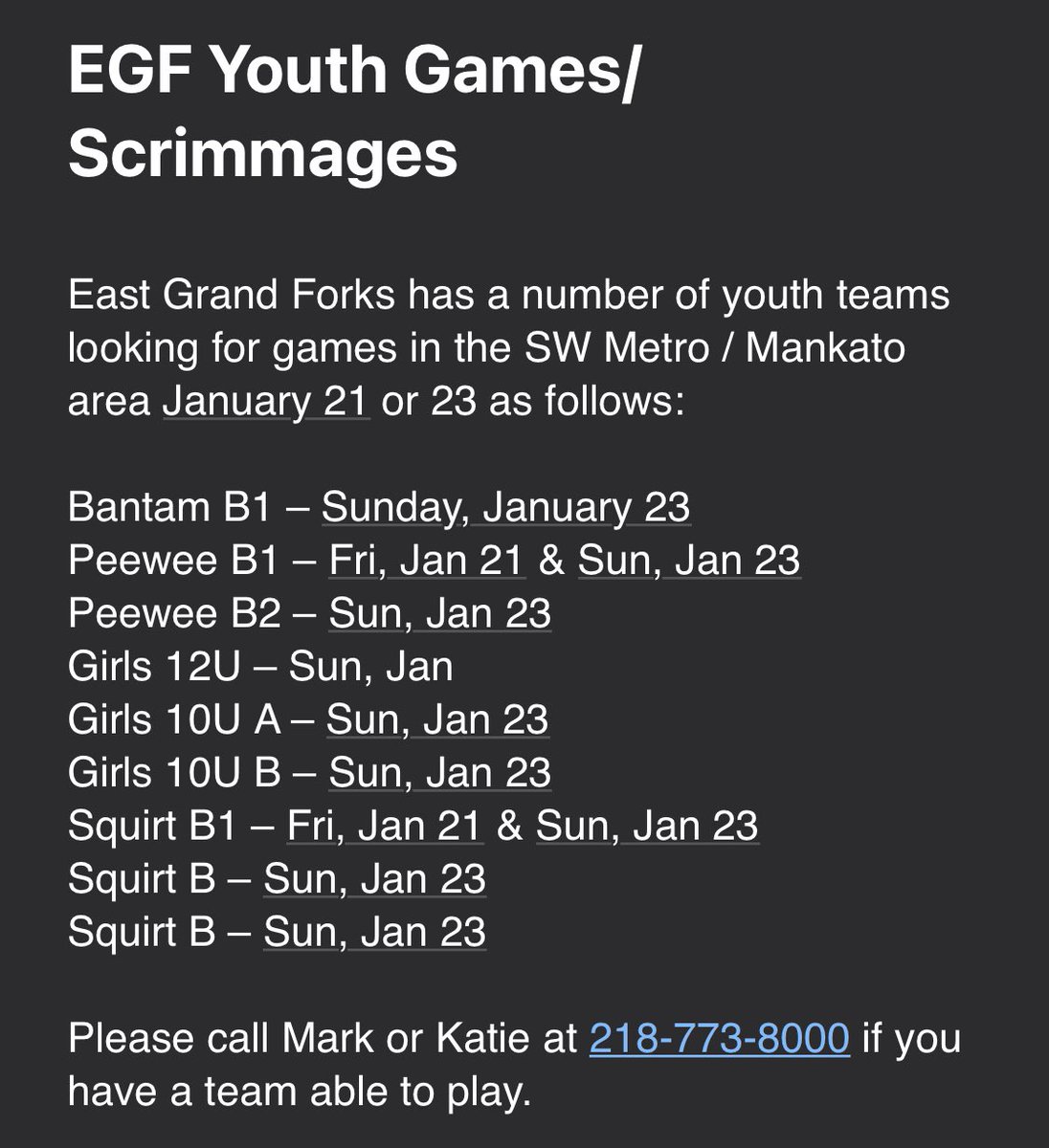 EGF Youth Hockey looking for games around the cities <a href="/YouthHockeyHub/">YHH</a> <a href="/mnhockeyjournal/">MHJ</a> <a href="/mnhockeytv/">MNHockey.Tv</a>