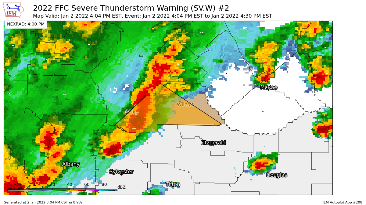 iembot_ffc's tweet photo. FFC issues Severe Thunderstorm Warning [tornado: POSSIBLE, wind: 60 MPH (RADAR INDICATED), hail: 0.75 IN (RADAR INDICATED)] for Crisp, Wilcox [GA] till 4:30 PM EST https://t.co/noxedlSqhP https://t.co/yzDwlNF2Gp